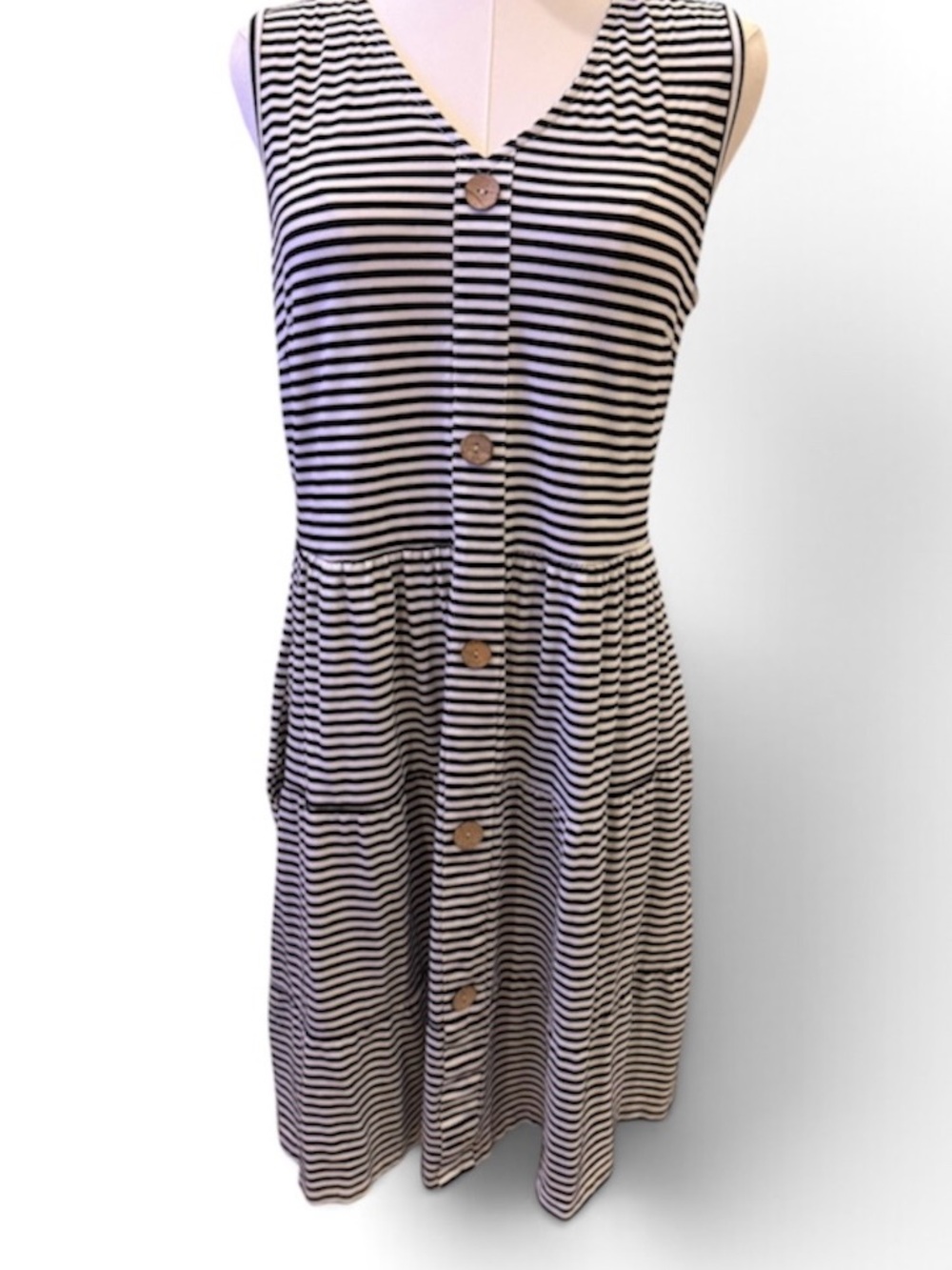 Sleeveless Striped Button-Front Dress - Black & White